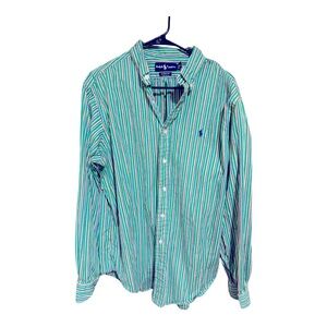 Polo Ralph Lauren Mens XL Classic Fit Green Blue Stripe Long Sleeve Button Shirt